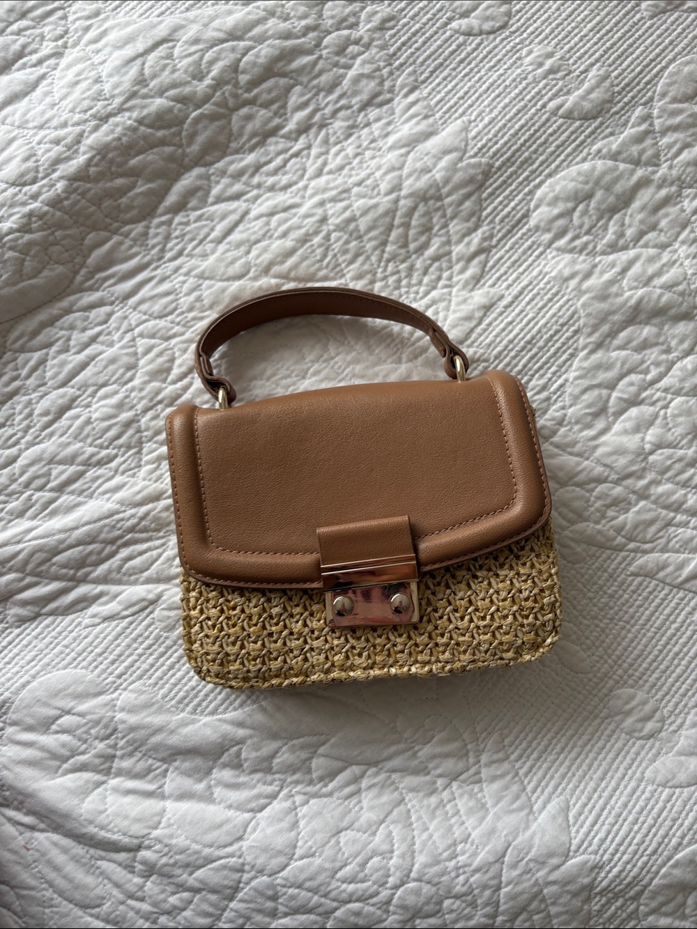 Tan Straw-Textured Top Handle Bag - also comes with cross body chain